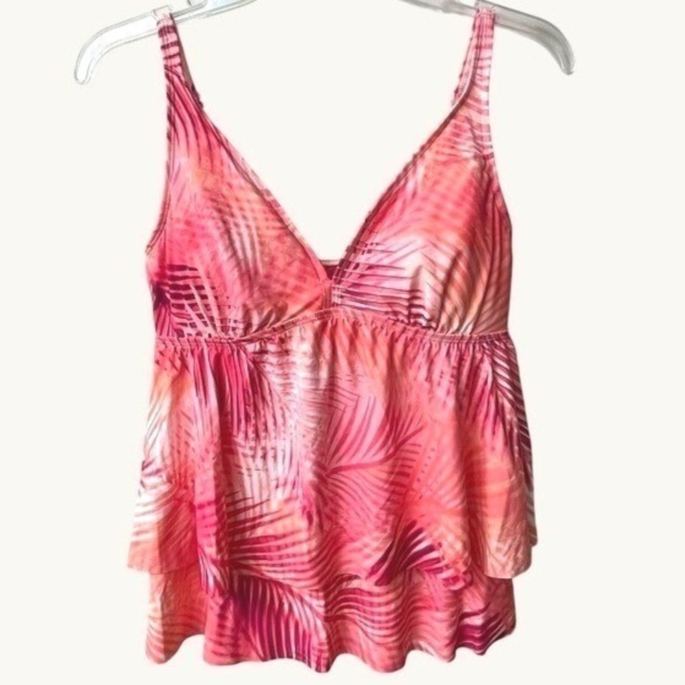 Beach House Pink Coral Palm Print Tiered Ruffle Tankini Swim Top Womens 10